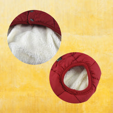 Load image into Gallery viewer, A picture showing the details of Red Winter Coat For Dogs such the coat button and the leg material