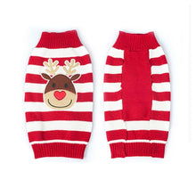 Load image into Gallery viewer, Christmas pet outfit dog sweater with colored strips red and white front and back view with fawn bulk head printing