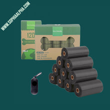 Load image into Gallery viewer, Dog Poop Bag Environmentally Friendly A picture showing 2 boxes of waste bags for dogs also 1 black dispenser and 10 black rolls of waste bags for dogs