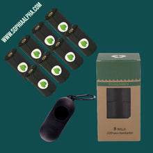 Load image into Gallery viewer, Dog Poop Bag Environmentally Friendly A picture showing box of 8 black rolls of waste dog bags plus a black dispenser of dog waste bag Each roll have 15 pieces of waste dog bags