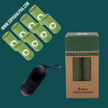 Load image into Gallery viewer, Dog Poop Bag Environmentally Friendly A picture showing box of 8 green rolls of waste dog bags plus a black dispenser of dog waste bag Each roll have 15 pieces of waste dog bags