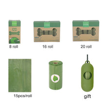 Load image into Gallery viewer, Dog Poop Bag Environmentally Friendly A picture showing different boxes of dog waste bags 8 rolls 16 rolls 20 rolls a dispenser a green single roll a green single waste bag