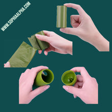 Load image into Gallery viewer, Dog Poop Bag Environmentally Friendly Internal view of green waste bag dispenser for dogs and the ease of tearing the green waste bag for dogs also the view of green waste bag roll for dogs
