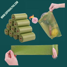 Load image into Gallery viewer, Dog Poop Bag Environmentally Friendly In this picture 10 rolls of green degradable environmental waste bags for dogs and the length of green waste bag for dogs and how much a green waste bag of dogs can hold of items