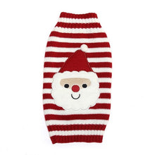 Load image into Gallery viewer, Christmas pet outfit dog sweater, colored strips red and white, with Santa Clues printing in the middle
