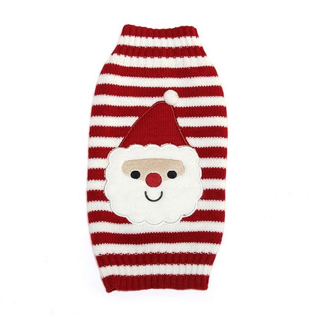 Christmas pet outfit dog sweater, colored strips red and white, with Santa Clues printing in the middle