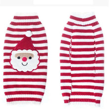 Load image into Gallery viewer, Christmas pet outfit dog sweater front and back view colored strips red and white Santa Claus head printing
