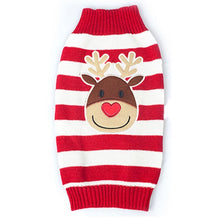 Load image into Gallery viewer, Christmas pet outfit dog sweater with colored strips red and white front view with fawn bulk head printing
