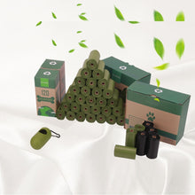 Load image into Gallery viewer, Dog Poop Bag Environmentally Friendly A picture showing boxes of green rolls and green dispenser of dog waste bags
