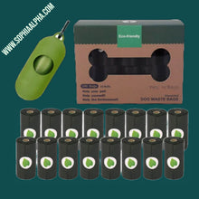 Load image into Gallery viewer, Dog Poop Bag Environmentally Friendly A picture showing the black 16 rolls of dog waste bag 15 pieces per roll a green dispenser
